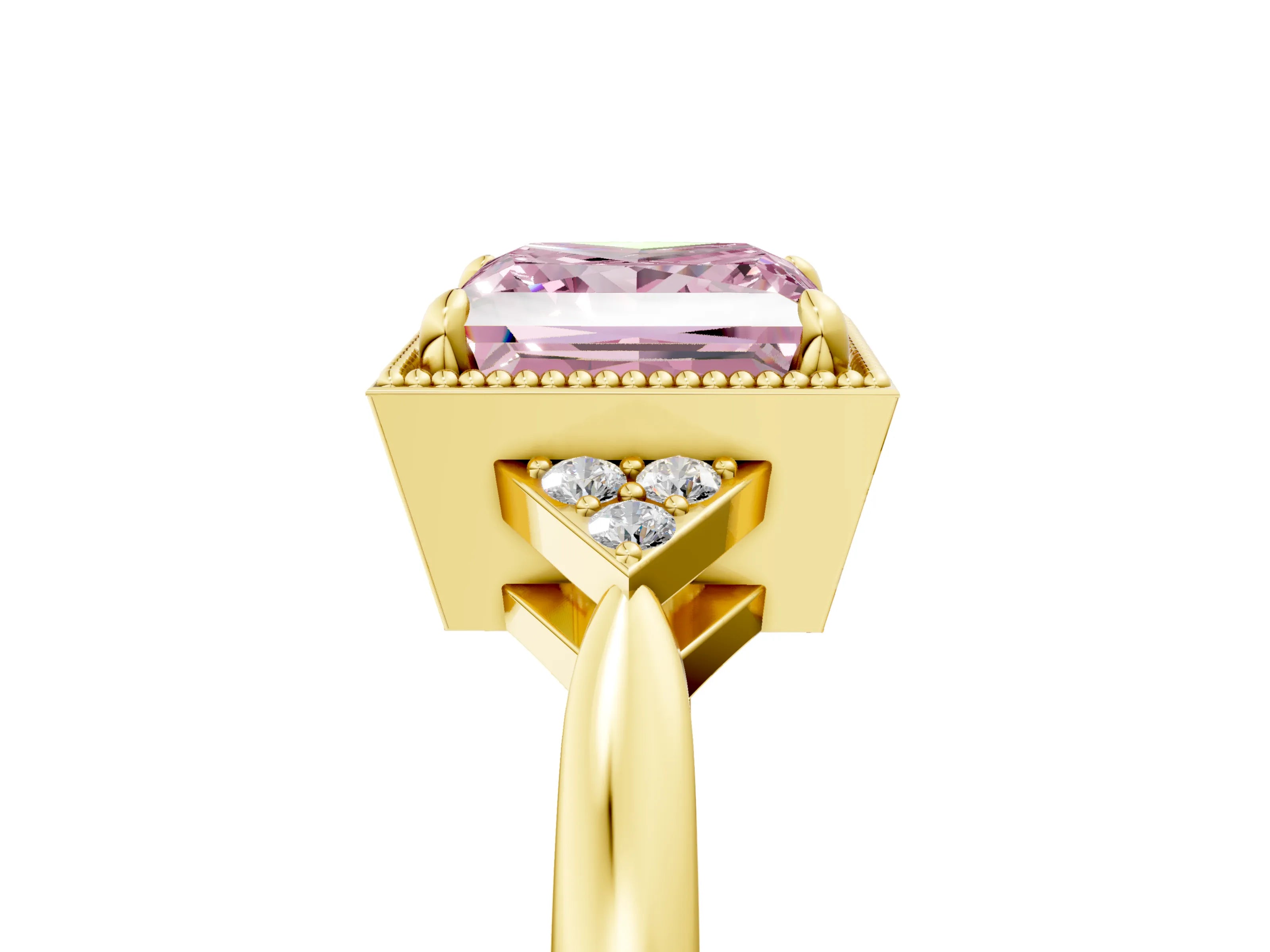 Yellow gold Hexagonal Halo Fancy Pink Princess Cut Diamond Solitaire with Pavé Band and Four-Prong Setting_8