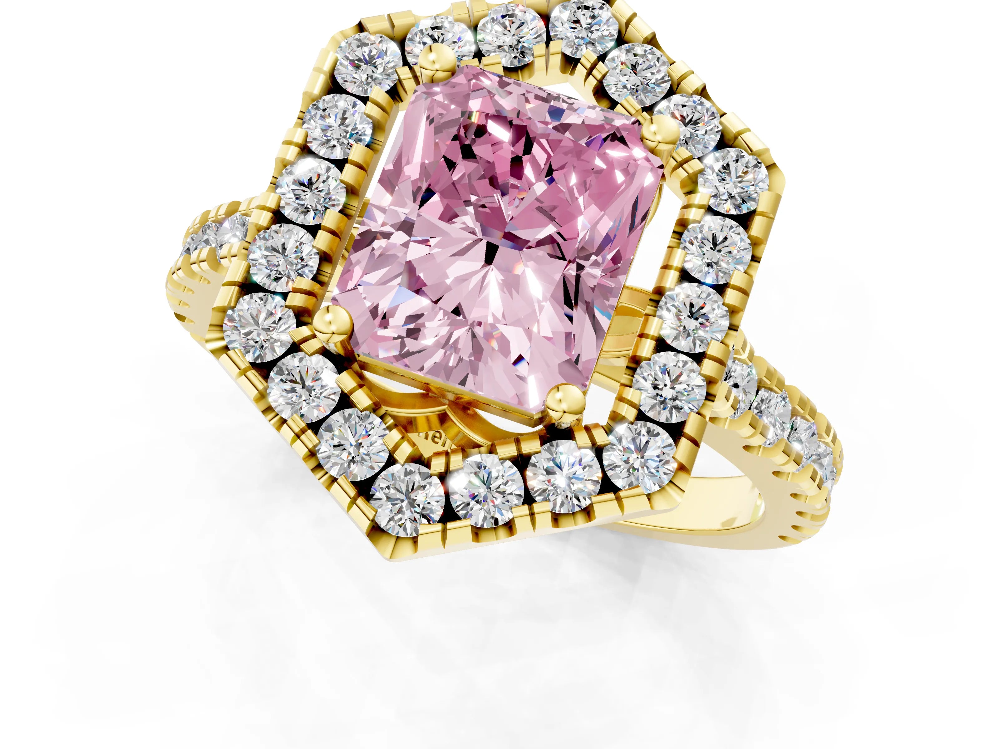 Yellow gold Hexagonal Halo Fancy Pink Radiant Cut Diamond Pavé Band with Four-Prong Setting_1