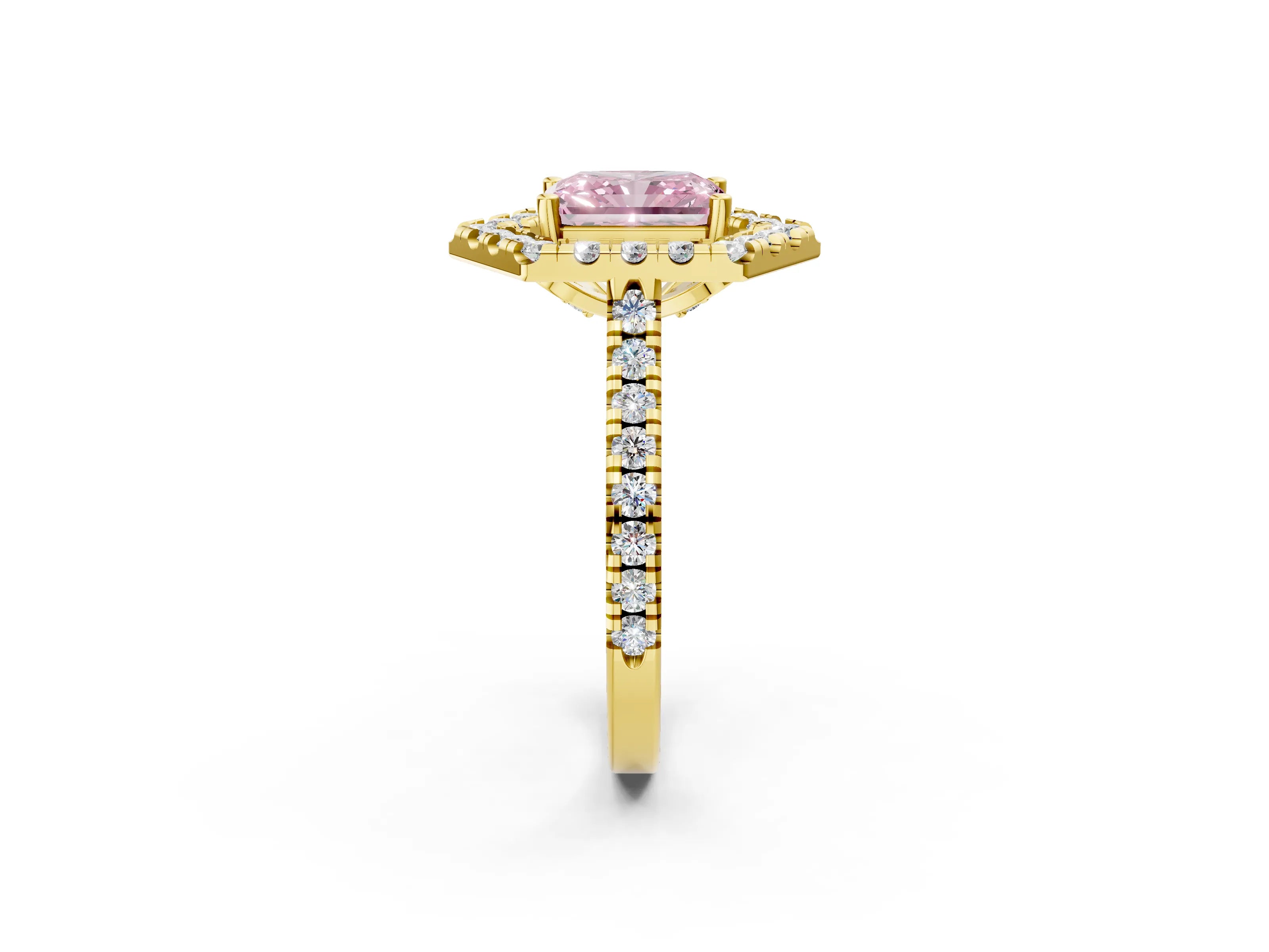 Yellow gold Hexagonal Halo Fancy Pink Radiant Cut Diamond Pavé Band with Four-Prong Setting_2