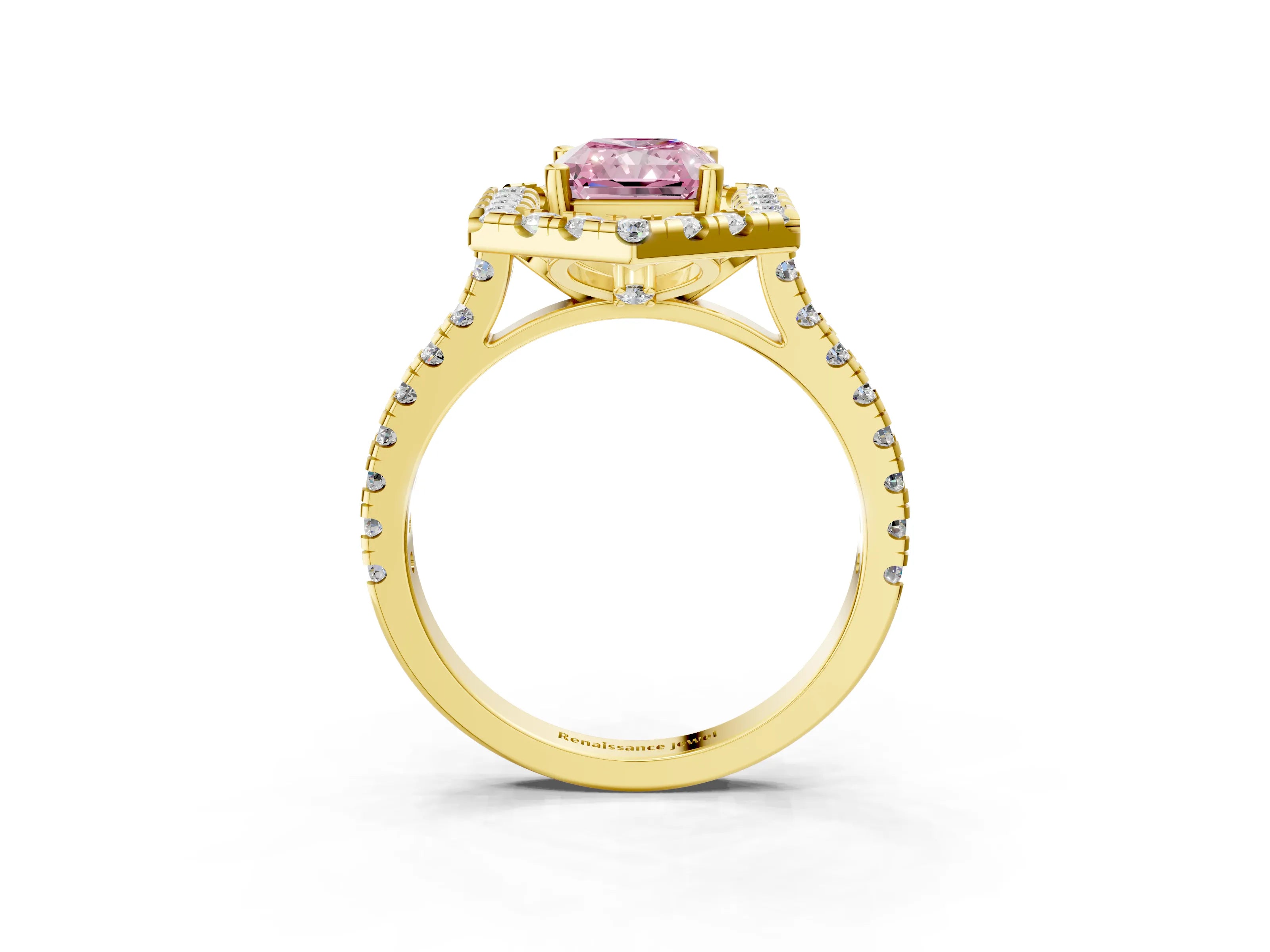 Yellow gold Hexagonal Halo Fancy Pink Radiant Cut Diamond Pavé Band with Four-Prong Setting_3