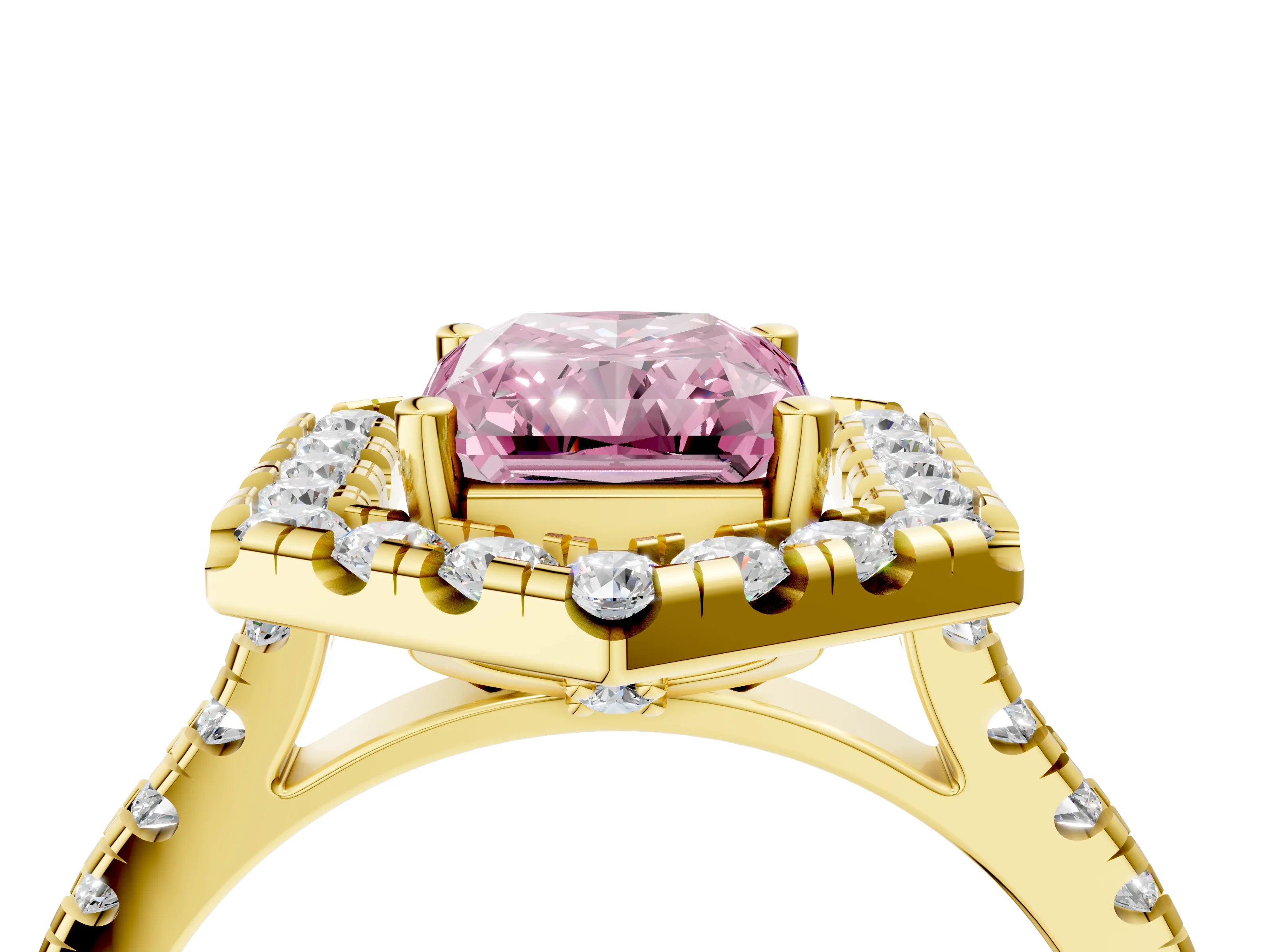 Yellow gold Hexagonal Halo Fancy Pink Radiant Cut Diamond Pavé Band with Four-Prong Setting_4