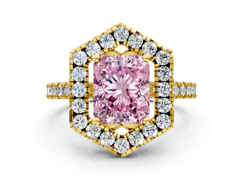 Yellow gold Hexagonal Halo Fancy Pink Radiant Cut Diamond Pavé Band with Four-Prong Setting