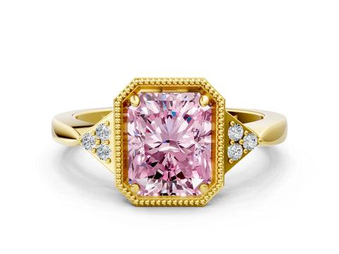 Yellow gold Hexagonal Halo Fancy Pink Radiant Cut Diamond Solitaire with Pavé Band and Four-Prong Setting_3
