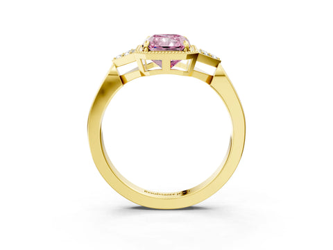 Yellow gold Hexagonal Halo Fancy Pink Radiant Cut Diamond Solitaire with Pavé Band and Four-Prong Setting_6