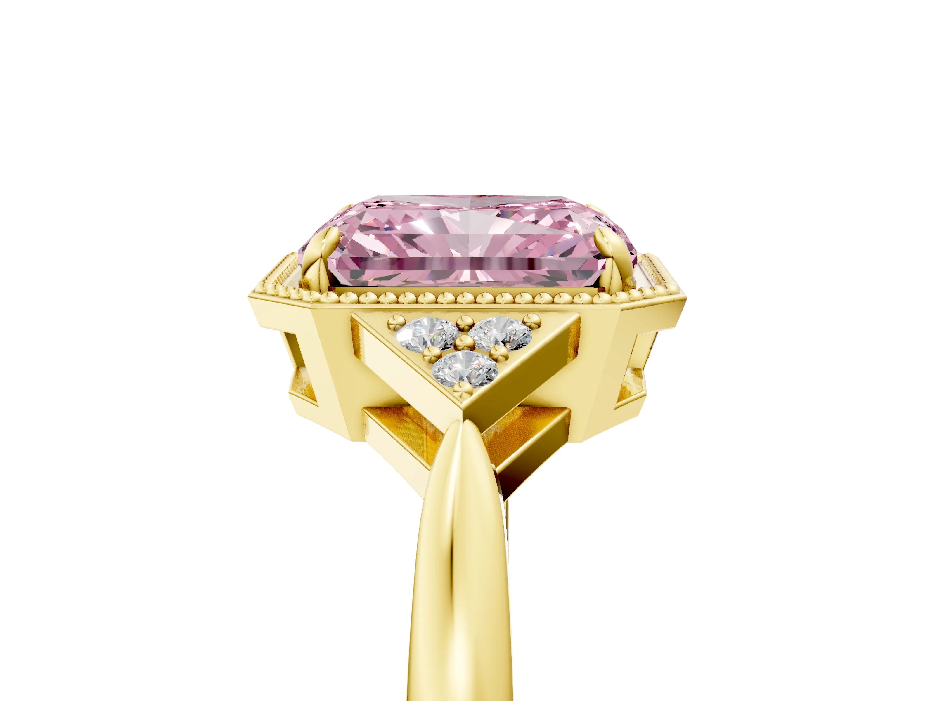 Yellow gold Hexagonal Halo Fancy Pink Radiant Cut Diamond Solitaire with Pavé Band and Four-Prong Setting_8