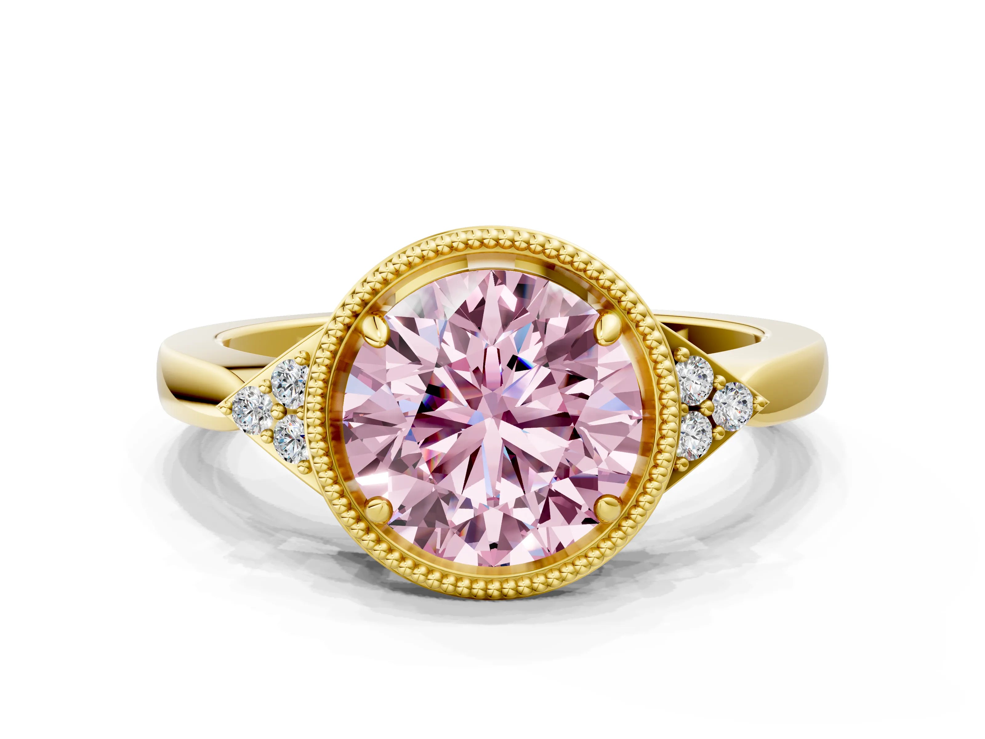 Yellow gold Hexagonal Halo Fancy Pink Round Cut Diamond Solitaire with Pavé Band and Four-Prong Setting_3