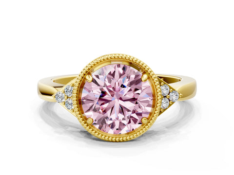 Yellow gold Hexagonal Halo Fancy Pink Round Cut Diamond Solitaire with Pavé Band and Four-Prong Setting_3