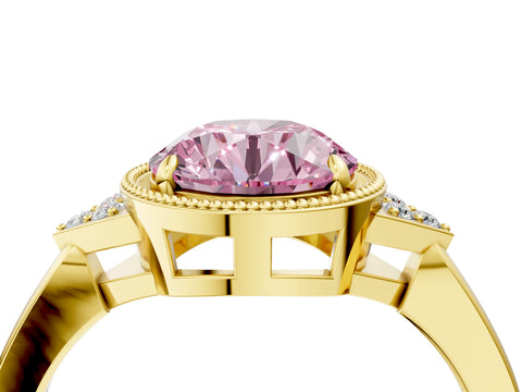 Yellow gold Hexagonal Halo Fancy Pink Round Cut Diamond Solitaire with Pavé Band and Four-Prong Setting_7