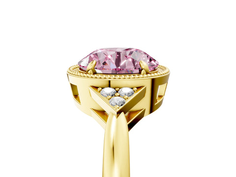 Yellow gold Hexagonal Halo Fancy Pink Round Cut Diamond Solitaire with Pavé Band and Four-Prong Setting_8