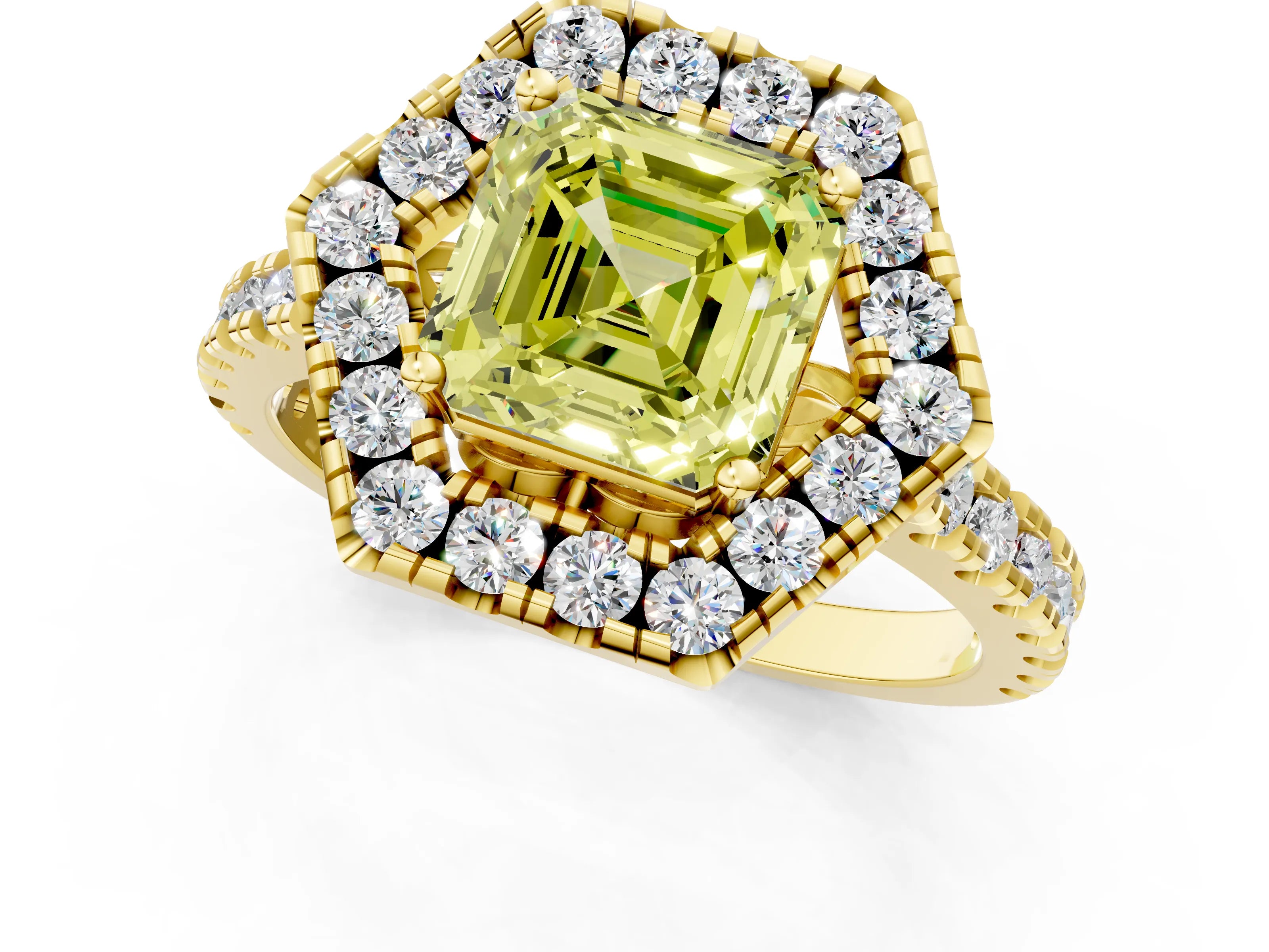 Yellow gold Hexagonal Halo Fancy Yellow Asscher Cut Diamond Pavé Band with Four-Prong Setting_1
