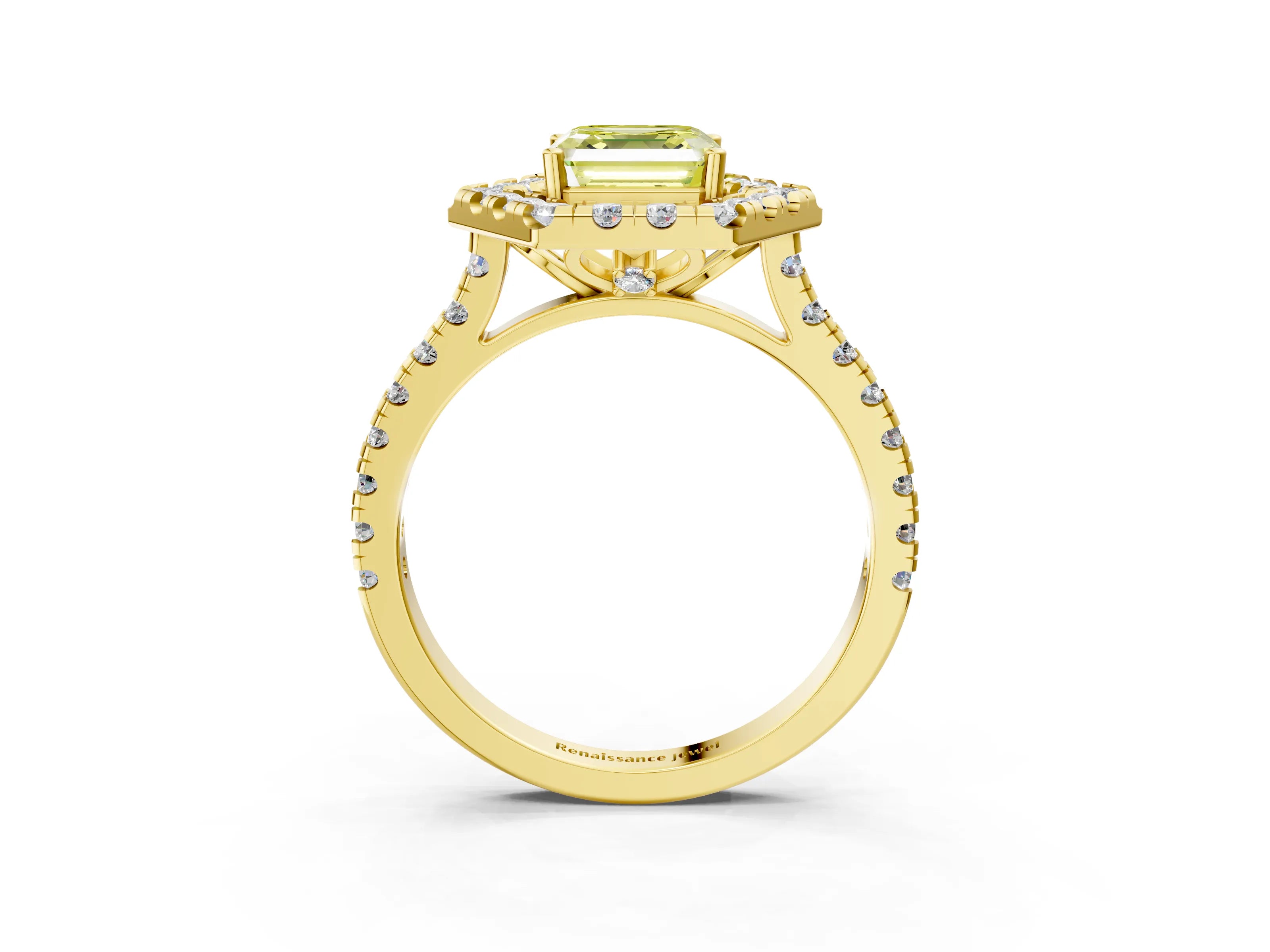 Yellow gold Hexagonal Halo Fancy Yellow Asscher Cut Diamond Pavé Band with Four-Prong Setting_3