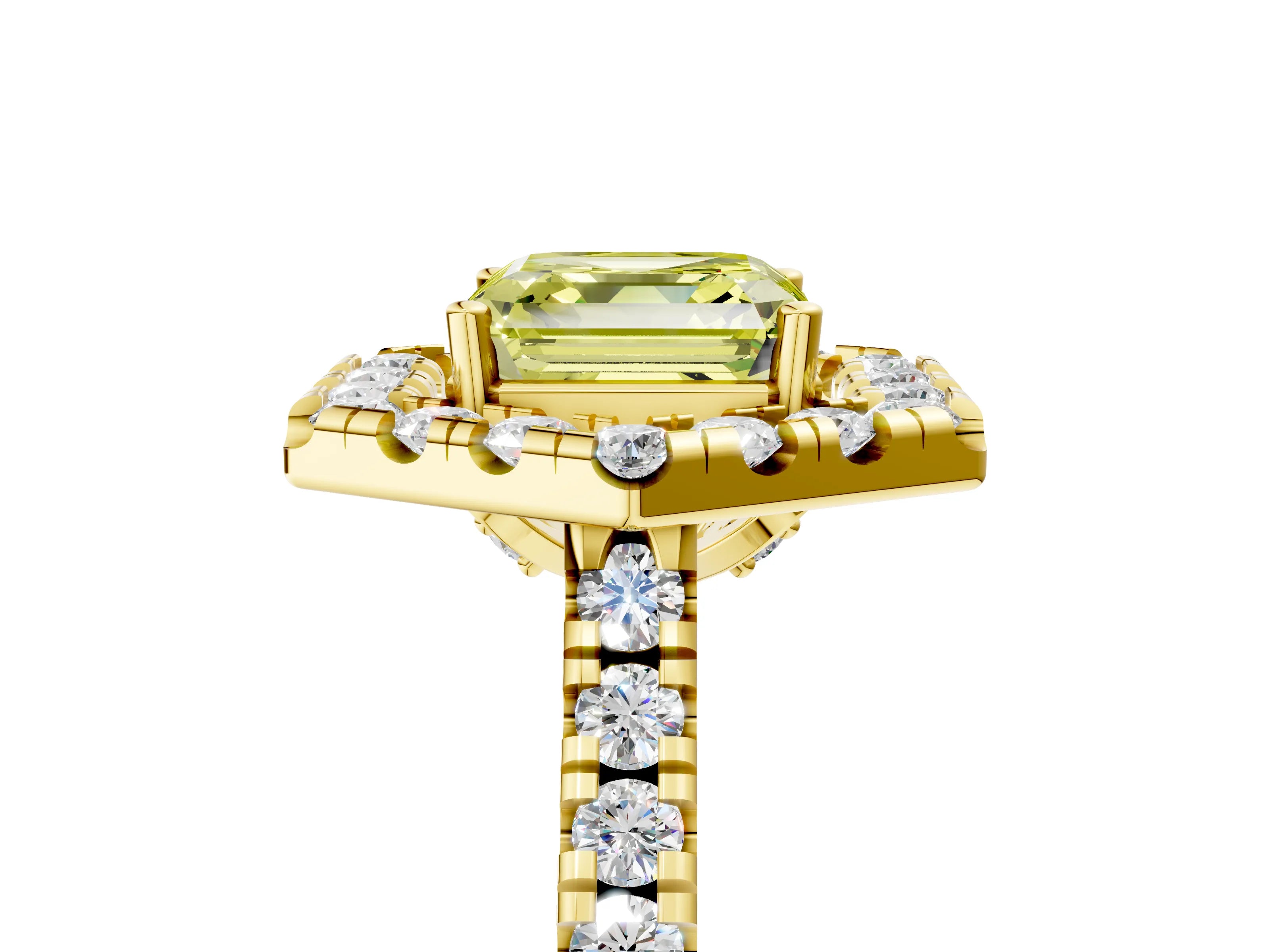 Yellow gold Hexagonal Halo Fancy Yellow Asscher Cut Diamond Pavé Band with Four-Prong Setting_5