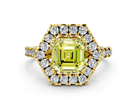Yellow gold Hexagonal Halo Fancy Yellow Asscher Cut Diamond Pavé Band with Four-Prong Setting