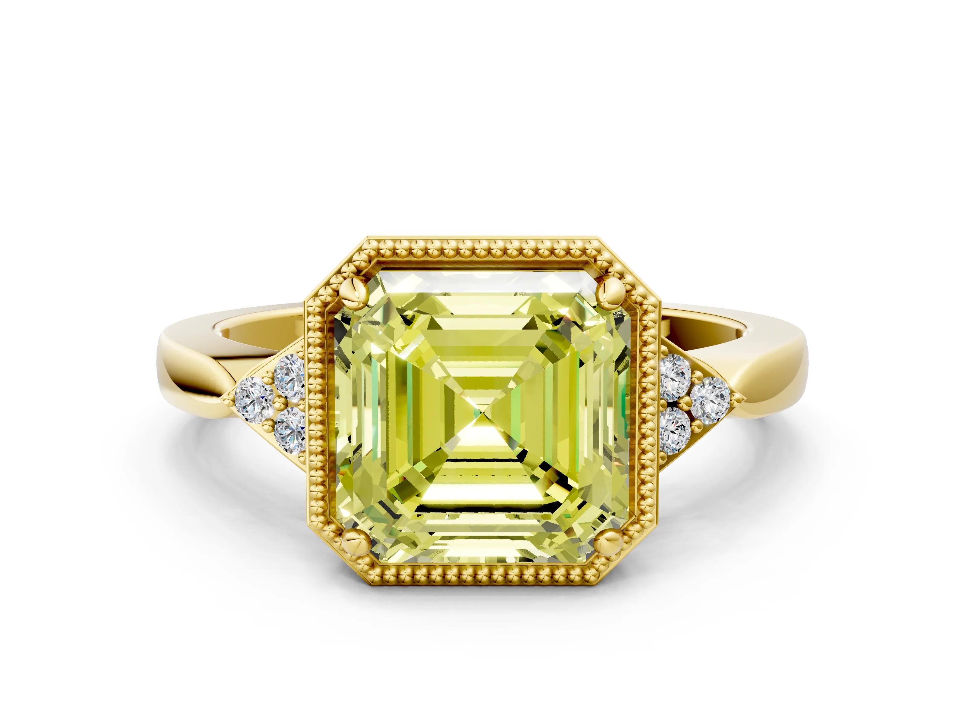 Yellow gold Hexagonal Halo Fancy Yellow Asscher Cut Diamond Solitaire with Pavé Band and Four-Prong Setting_3