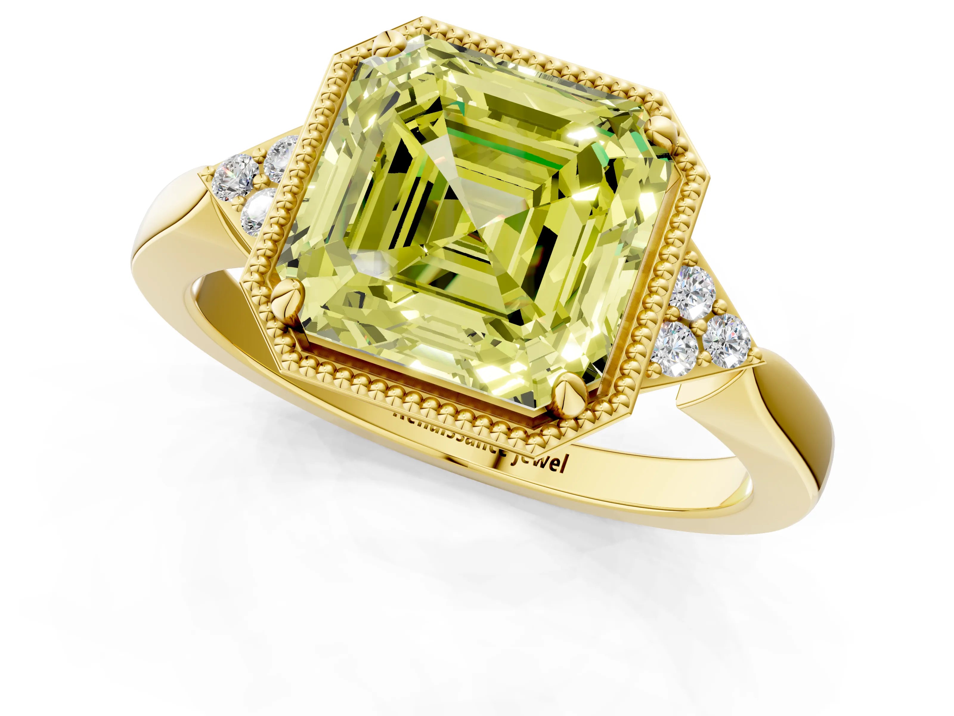 Yellow gold Hexagonal Halo Fancy Yellow Asscher Cut Diamond Solitaire with Pavé Band and Four-Prong Setting_4