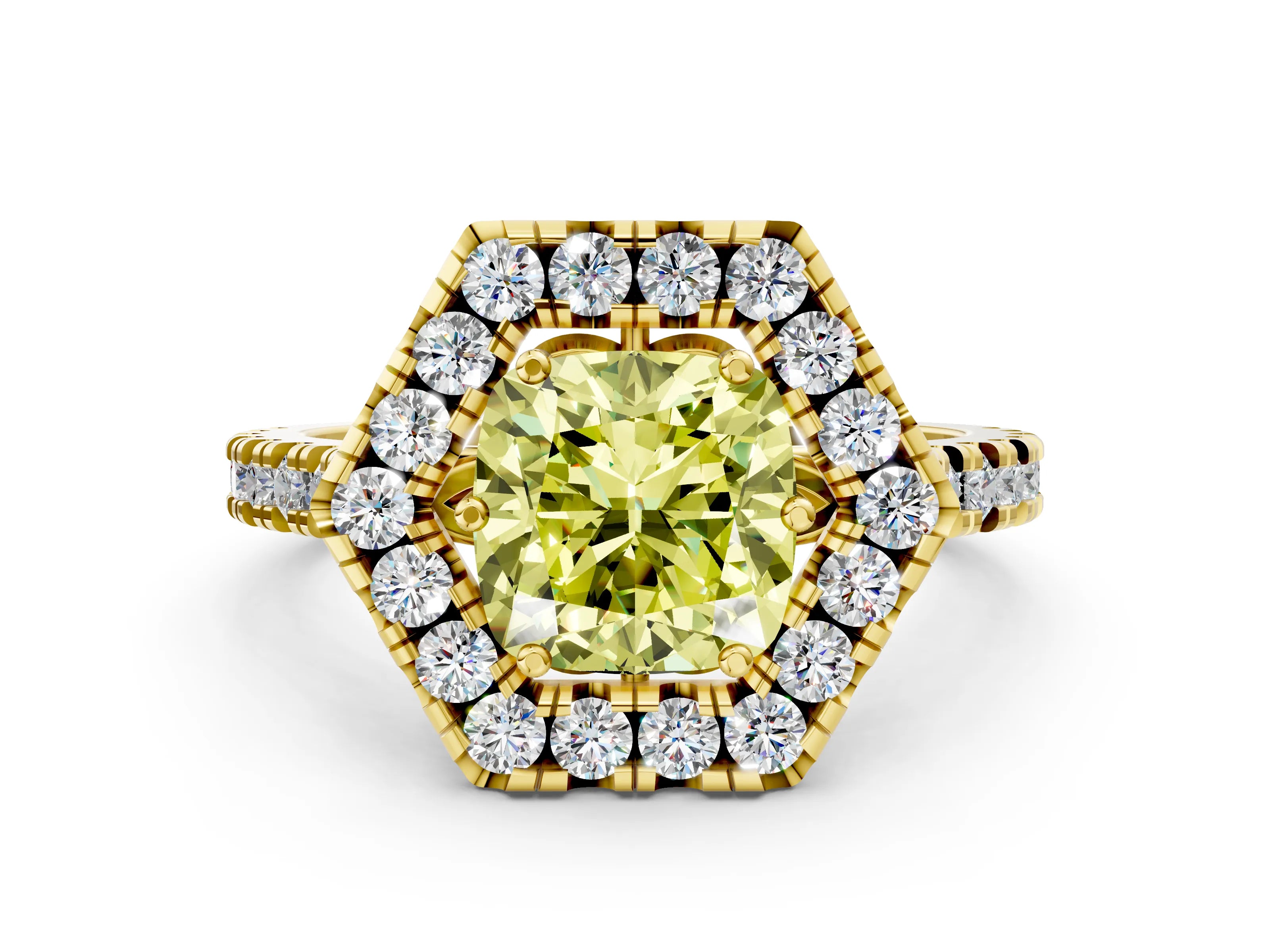Yellow gold Hexagonal Halo Fancy Yellow Cushion Cut Diamond Pavé Band with Four-Prong Setting