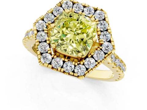 Yellow gold Hexagonal Halo Fancy Yellow Cushion Cut Diamond Pavé Band with Four-Prong Setting_1