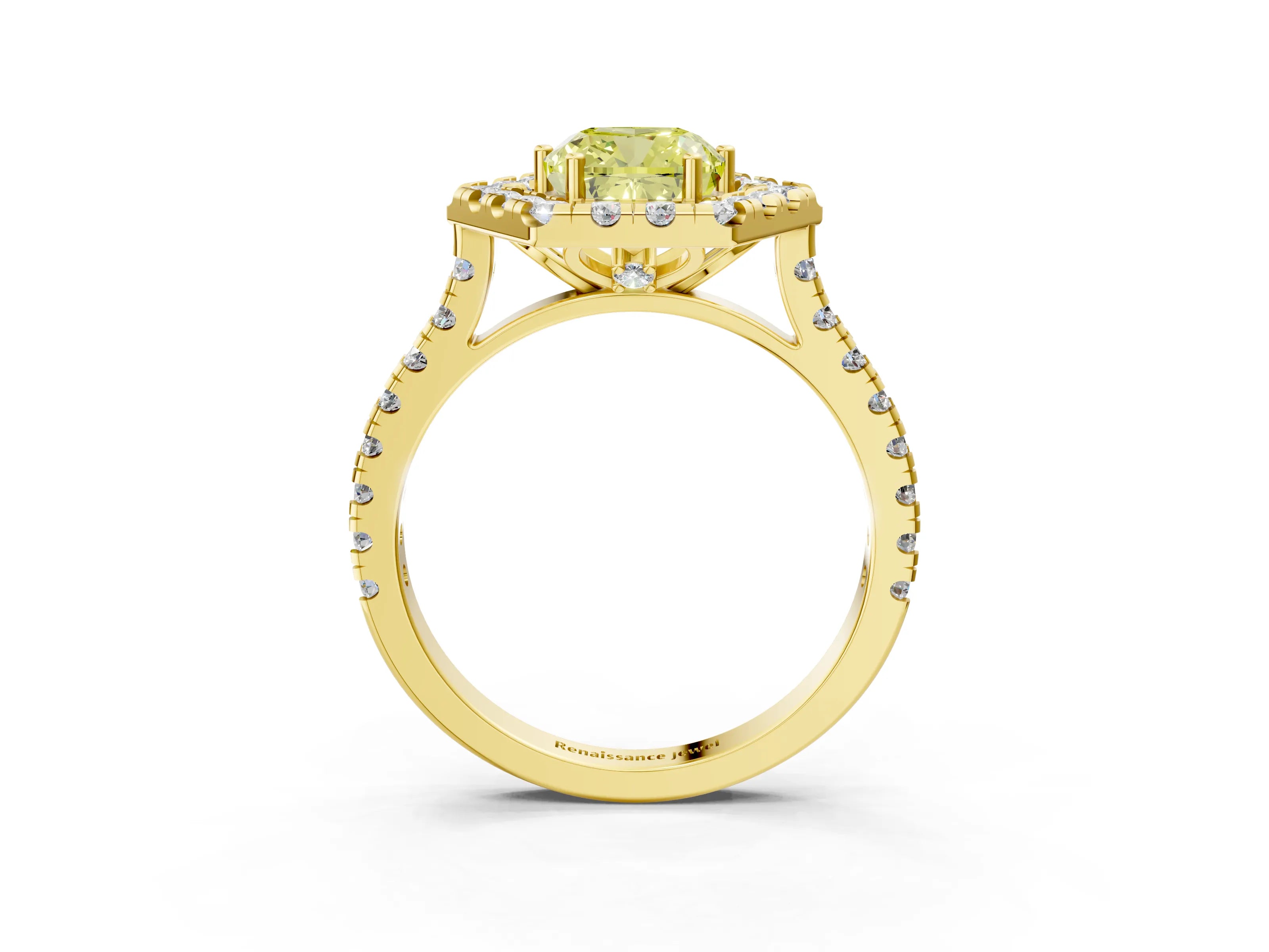 Yellow gold Hexagonal Halo Fancy Yellow Cushion Cut Diamond Pavé Band with Four-Prong Setting_3