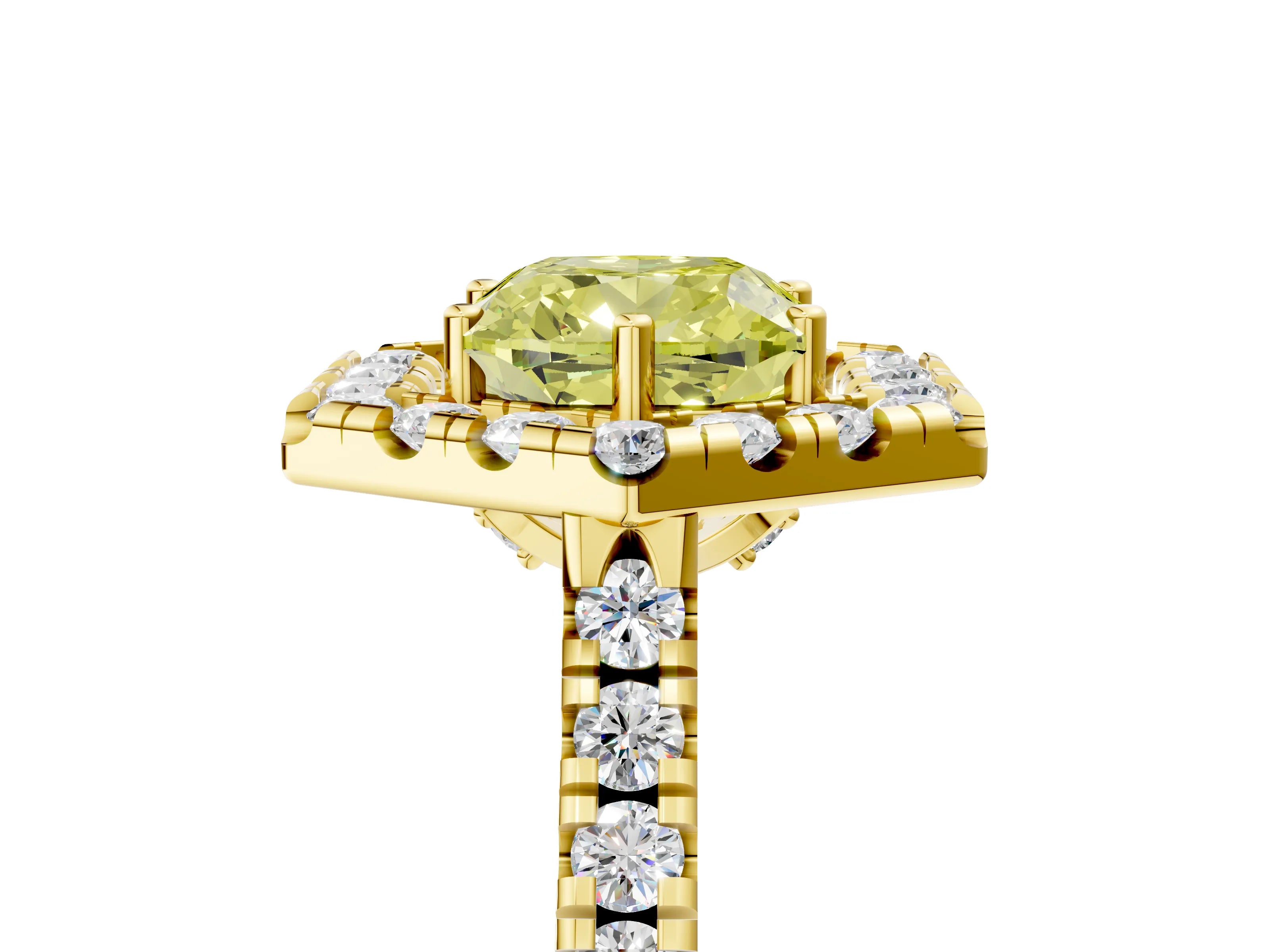Yellow gold Hexagonal Halo Fancy Yellow Cushion Cut Diamond Pavé Band with Four-Prong Setting_5