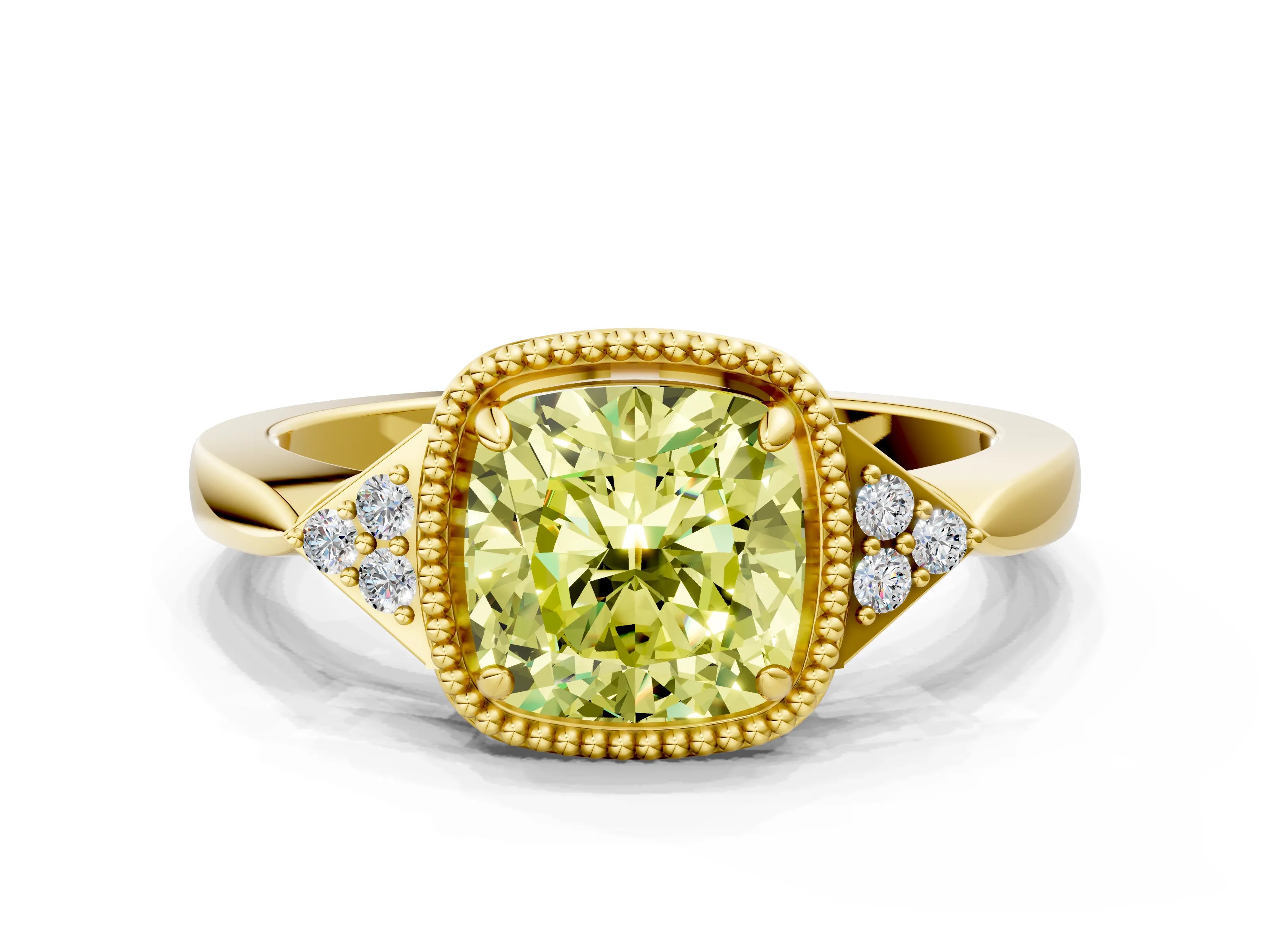 Yellow gold Hexagonal Halo Fancy Yellow Cushion Cut Diamond Solitaire with Pavé Band and Four-Prong Setting_3