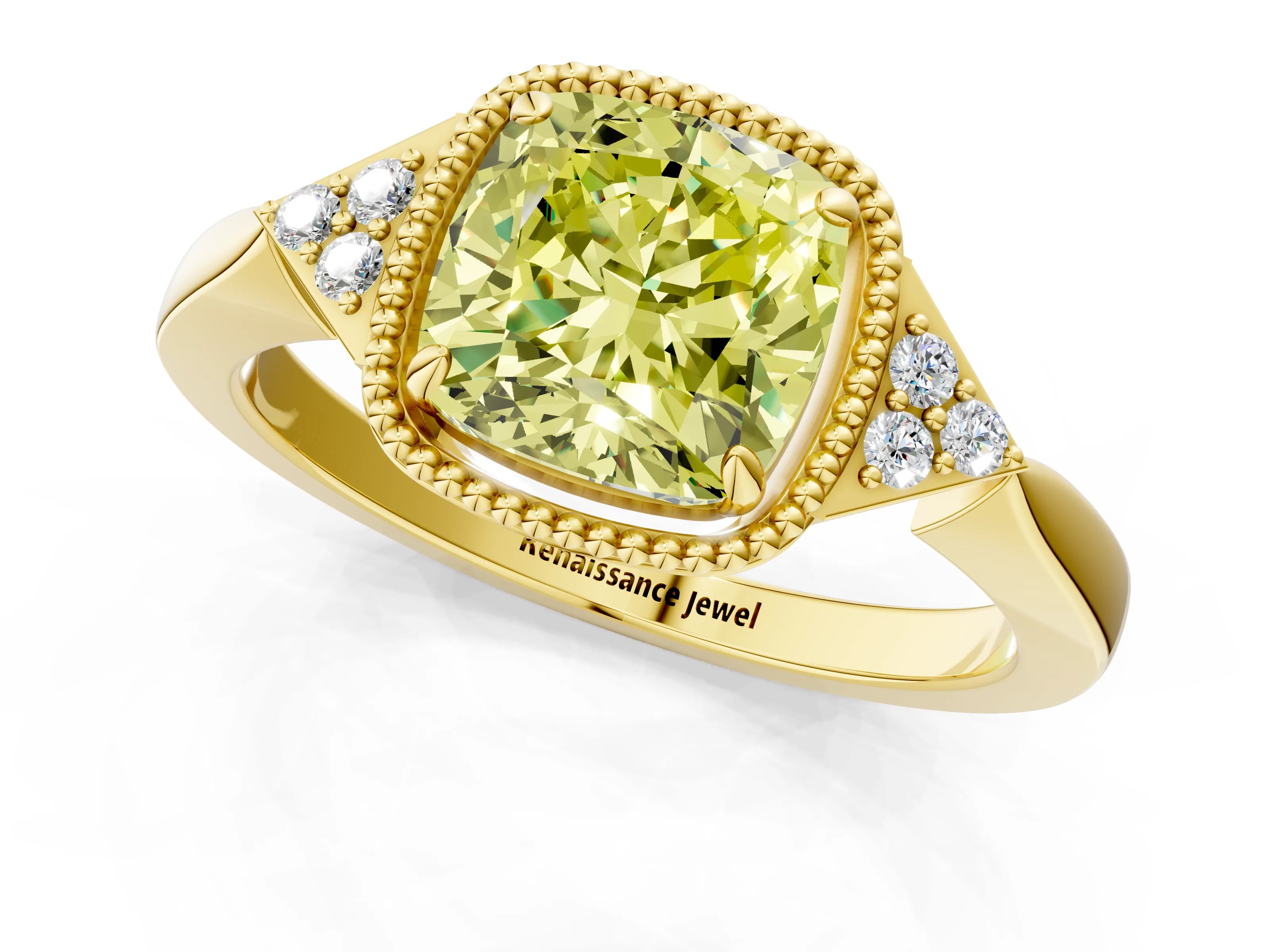 Yellow gold Hexagonal Halo Fancy Yellow Cushion Cut Diamond Solitaire with Pavé Band and Four-Prong Setting_4