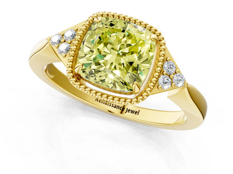 Yellow gold Hexagonal Halo Fancy Yellow Cushion Cut Diamond Solitaire with Pavé Band and Four-Prong Setting_4