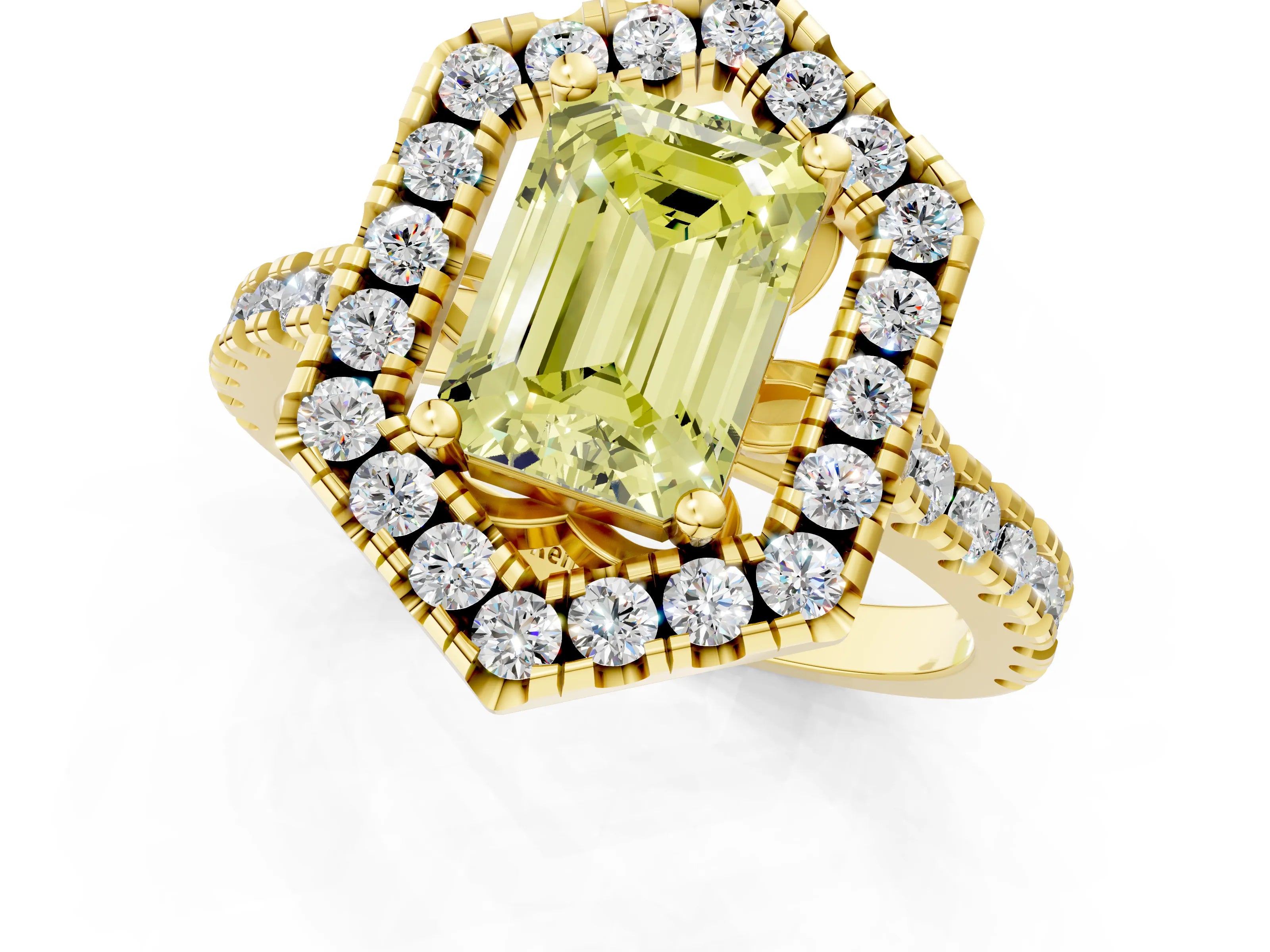 Yellow gold Hexagonal Halo Fancy Yellow Emerald Cut Diamond Pavé Band with Four-Prong Setting_1