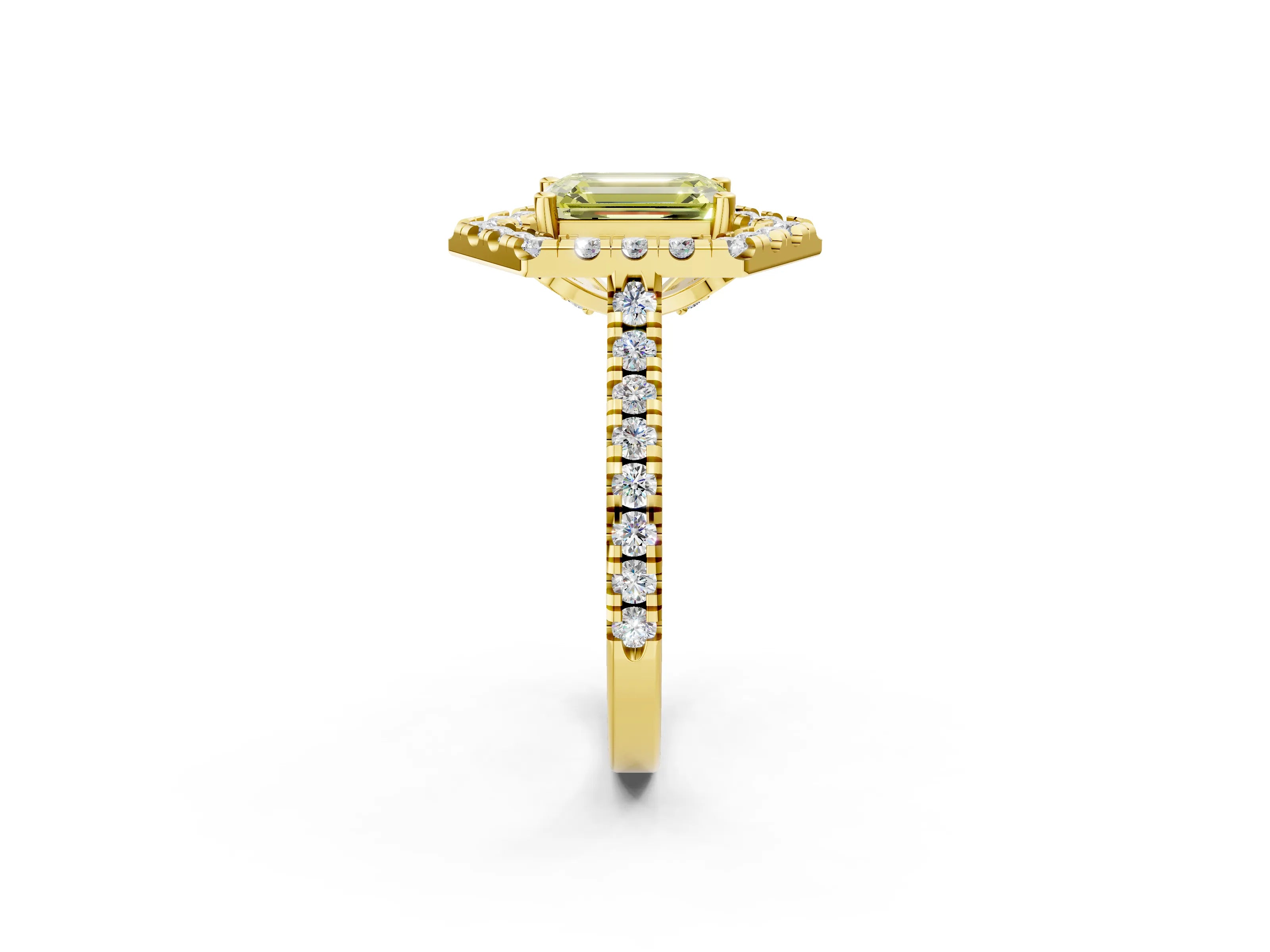 Yellow gold Hexagonal Halo Fancy Yellow Emerald Cut Diamond Pavé Band with Four-Prong Setting_2