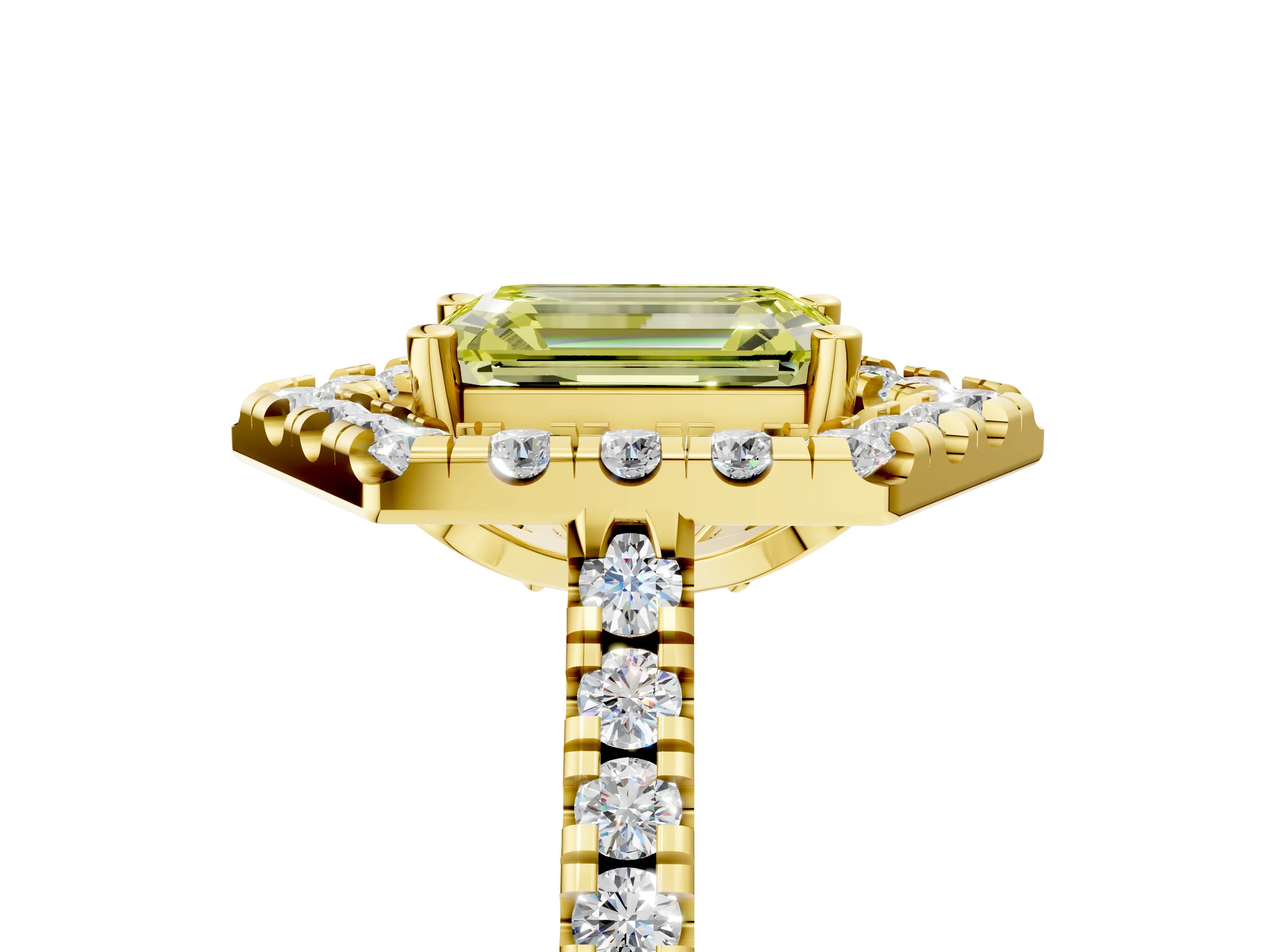 Yellow gold Hexagonal Halo Fancy Yellow Emerald Cut Diamond Pavé Band with Four-Prong Setting_5