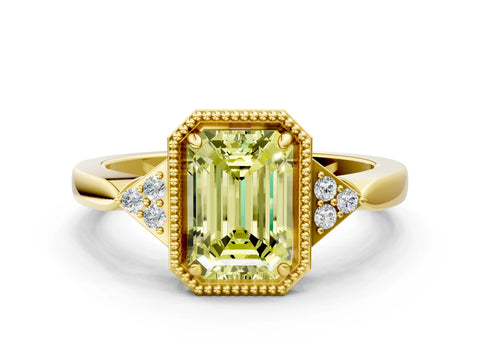 Yellow gold Hexagonal Halo Fancy Yellow Emerald Cut Diamond Solitaire with Pavé Band and Four-Prong Setting_3