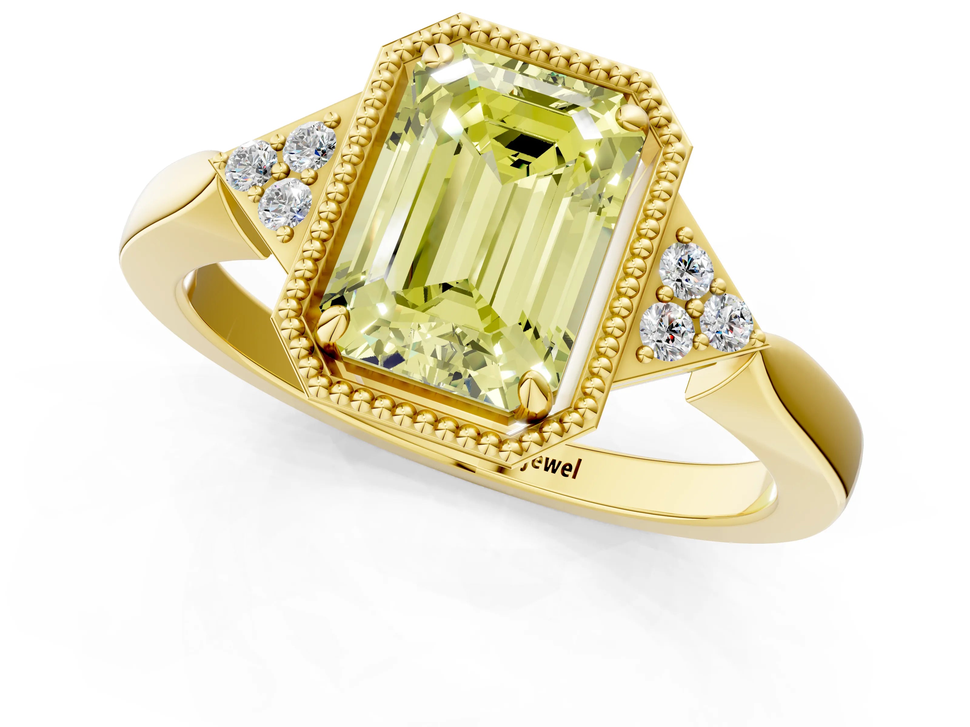 Yellow gold Hexagonal Halo Fancy Yellow Emerald Cut Diamond Solitaire with Pavé Band and Four-Prong Setting_4