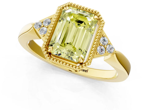 Yellow gold Hexagonal Halo Fancy Yellow Emerald Cut Diamond Solitaire with Pavé Band and Four-Prong Setting_4