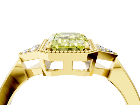 Yellow gold Hexagonal Halo Fancy Yellow Emerald Cut Diamond Solitaire with Pavé Band and Four-Prong Setting_7