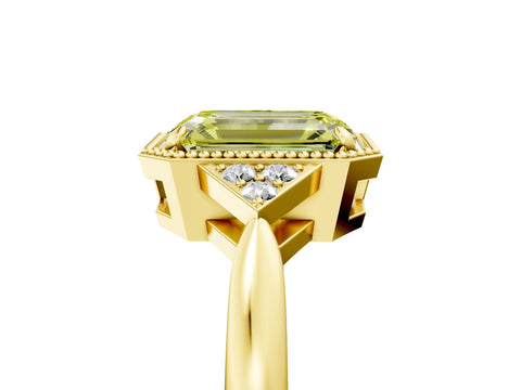 Yellow gold Hexagonal Halo Fancy Yellow Emerald Cut Diamond Solitaire with Pavé Band and Four-Prong Setting_8