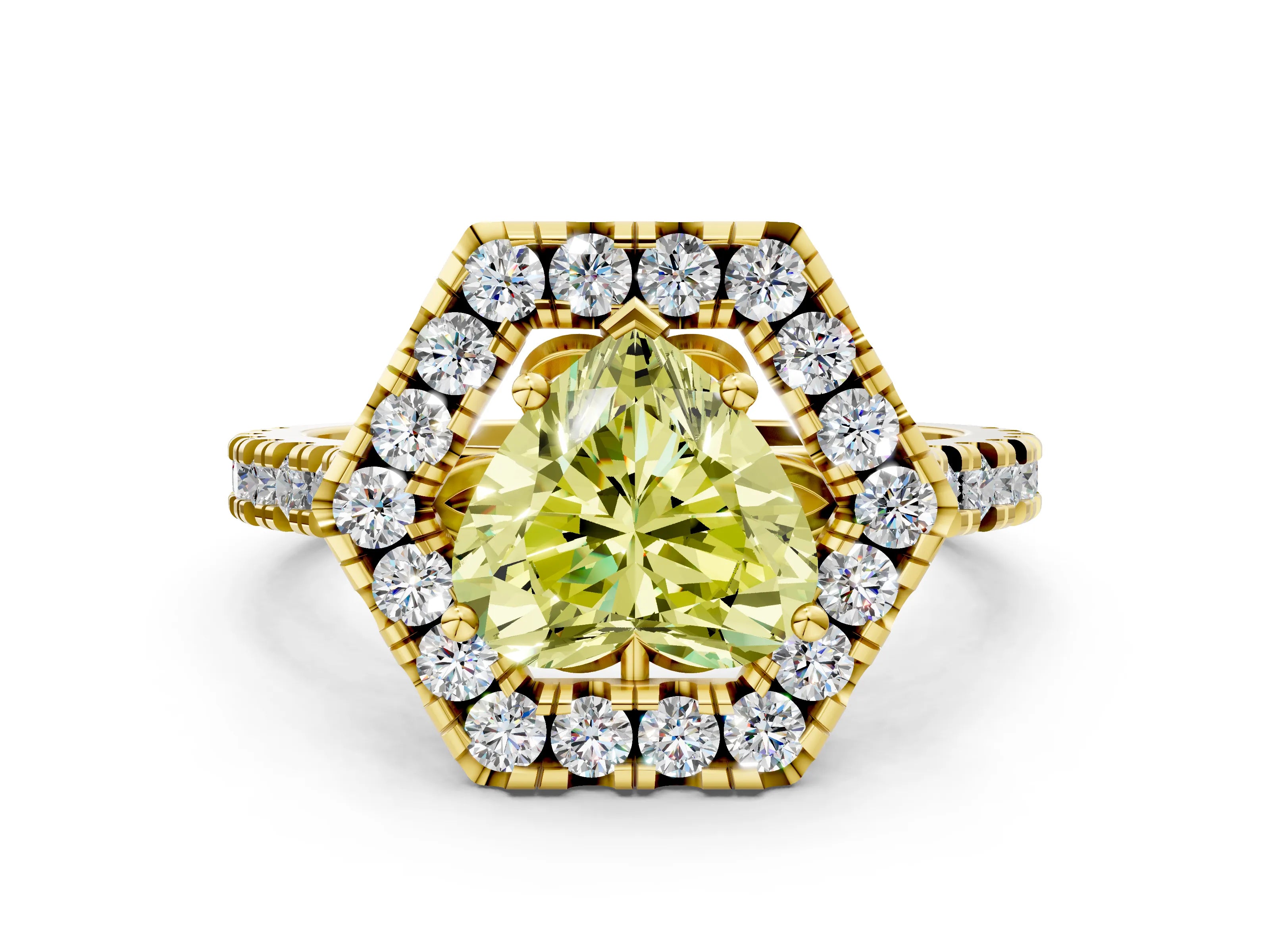 Yellow gold Hexagonal Halo Fancy Yellow Heart Cut Diamond Pavé Band with Four-Prong Setting