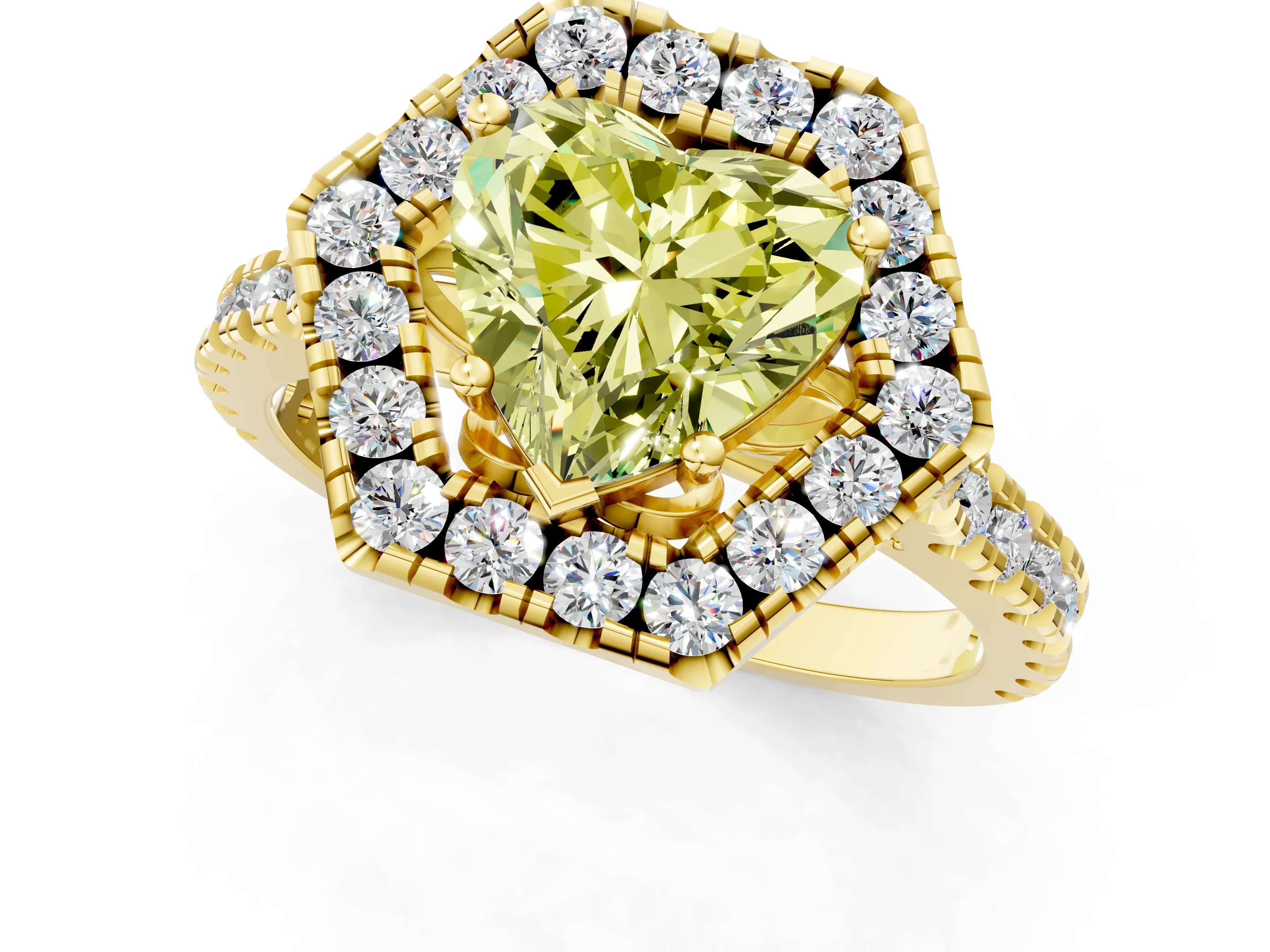 Yellow gold Hexagonal Halo Fancy Yellow Heart Cut Diamond Pavé Band with Four-Prong Setting_1