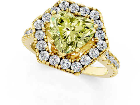 Yellow gold Hexagonal Halo Fancy Yellow Heart Cut Diamond Pavé Band with Four-Prong Setting_1