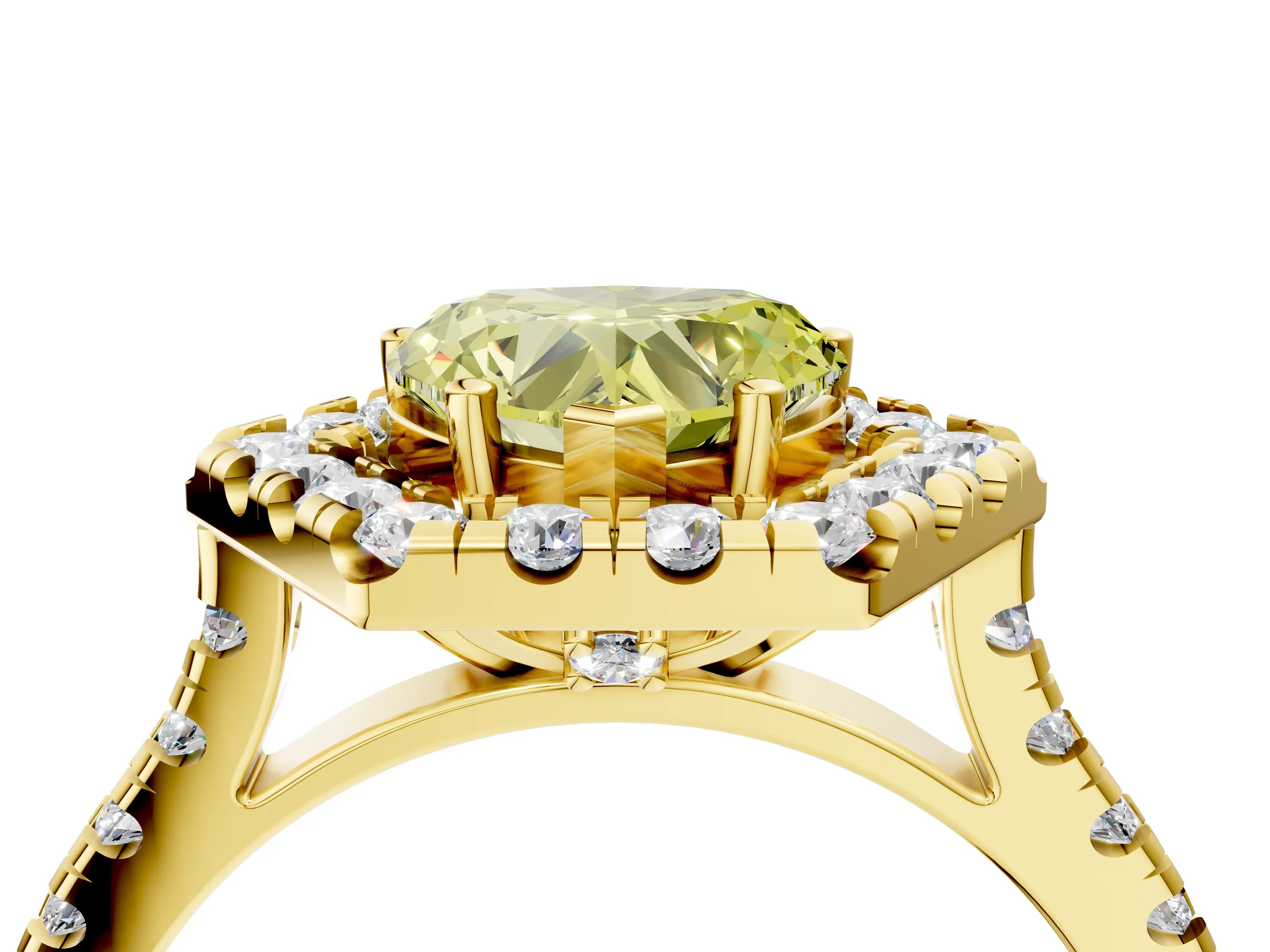 Yellow gold Hexagonal Halo Fancy Yellow Heart Cut Diamond Pavé Band with Four-Prong Setting_4