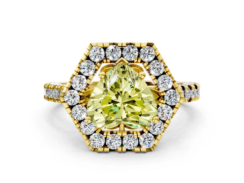 Yellow gold Hexagonal Halo Fancy Yellow Heart Cut Diamond Pavé Band with Four-Prong Setting