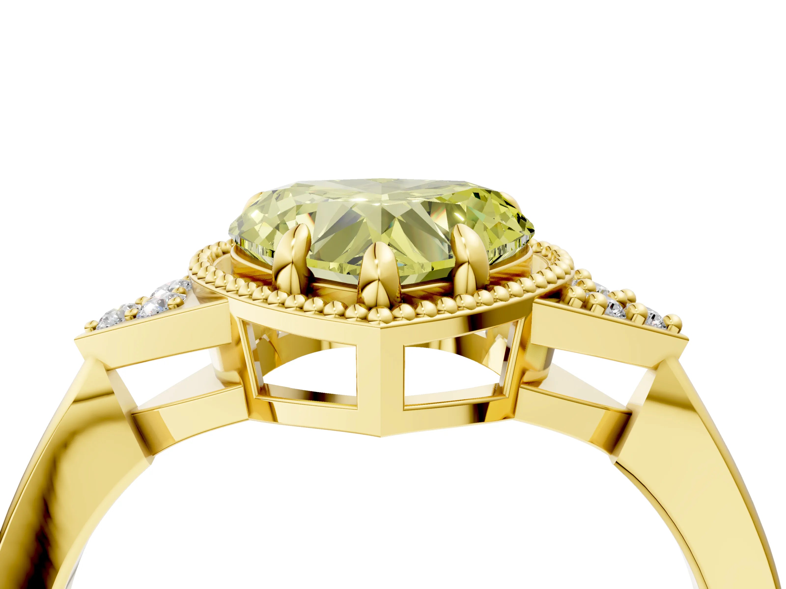 Yellow gold Hexagonal Halo Fancy Yellow Heart Cut Diamond Solitaire with Pavé Band and Four-Prong Setting_7