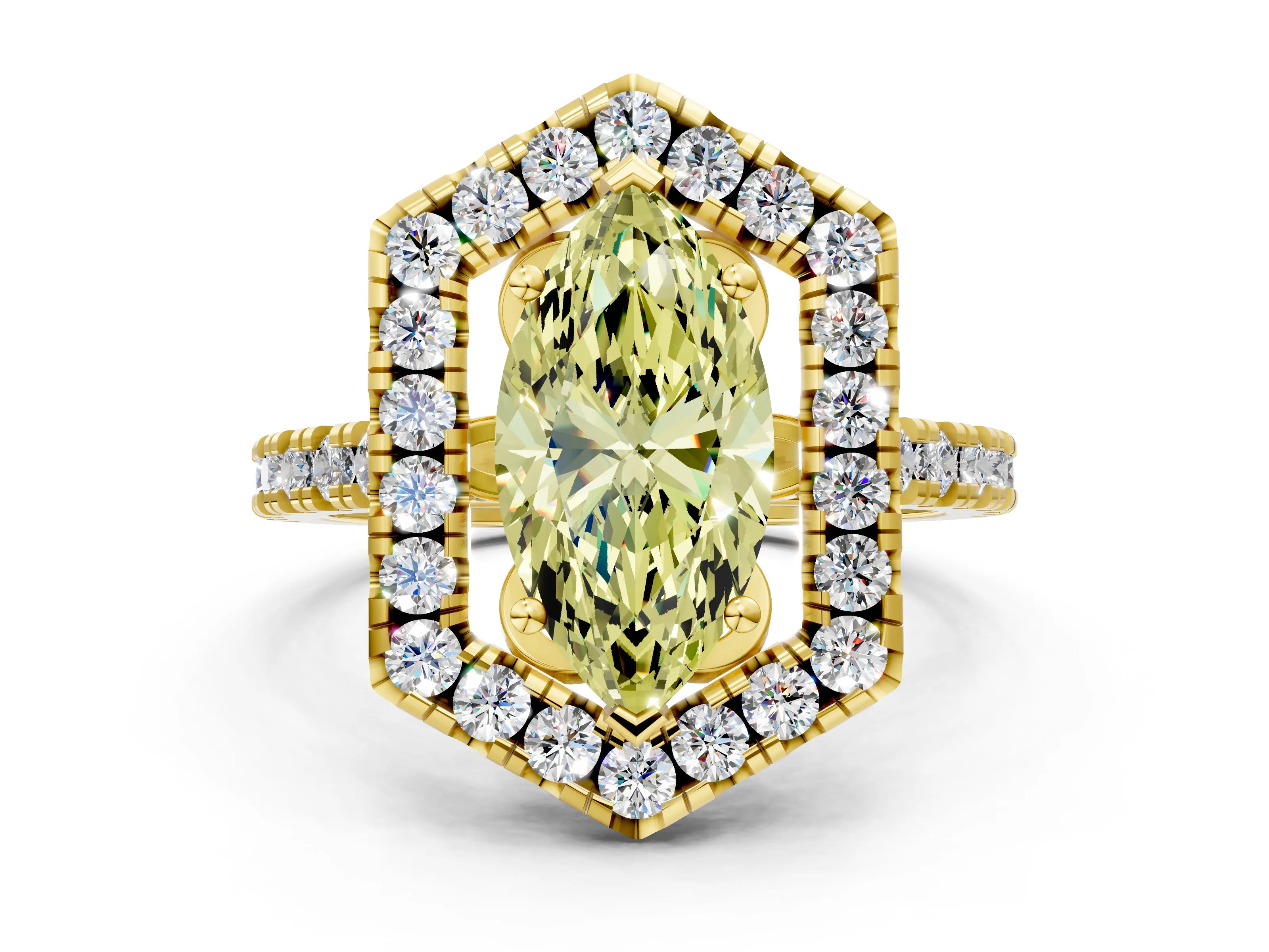 Yellow gold Hexagonal Halo Fancy Yellow Marquise Cut Diamond Pavé Band with Four-Prong Setting