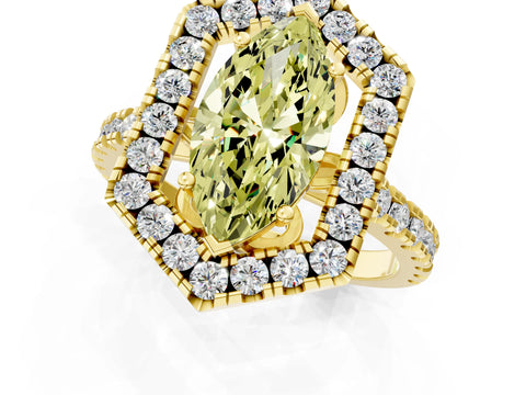 Yellow gold Hexagonal Halo Fancy Yellow Marquise Cut Diamond Pavé Band with Four-Prong Setting_1