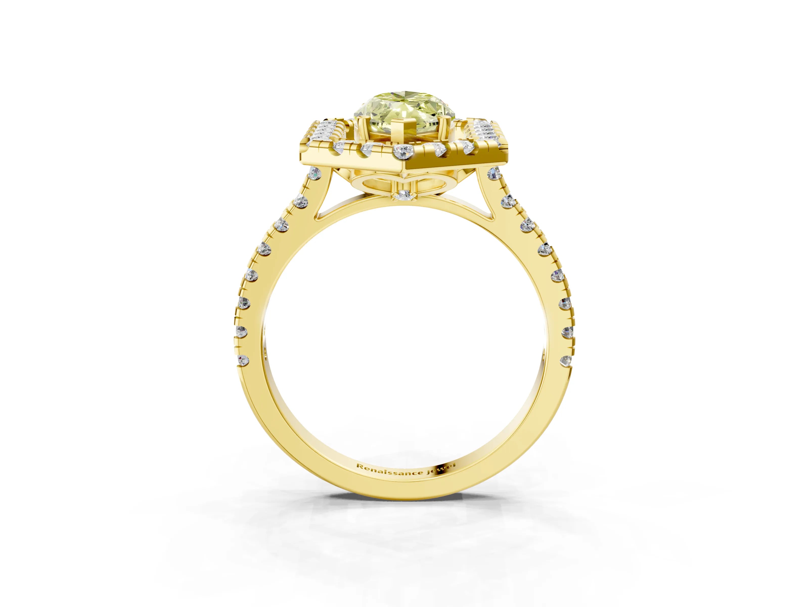 Yellow gold Hexagonal Halo Fancy Yellow Marquise Cut Diamond Pavé Band with Four-Prong Setting_3