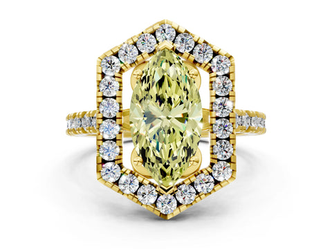 Yellow gold Hexagonal Halo Fancy Yellow Marquise Cut Diamond Pavé Band with Four-Prong Setting