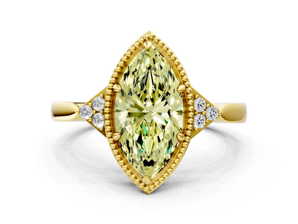 Yellow gold Hexagonal Halo Fancy Yellow Marquise Cut Diamond Solitaire with Pavé Band and Four-Prong Setting