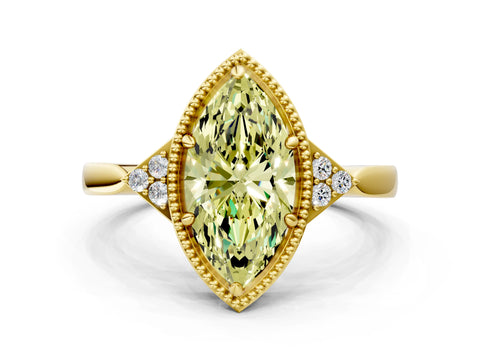 Yellow gold Hexagonal Halo Fancy Yellow Marquise Cut Diamond Solitaire with Pavé Band and Four-Prong Setting_3