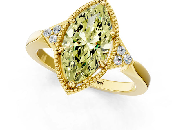 Yellow gold Hexagonal Halo Fancy Yellow Marquise Cut Diamond Solitaire with Pavé Band and Four-Prong Setting