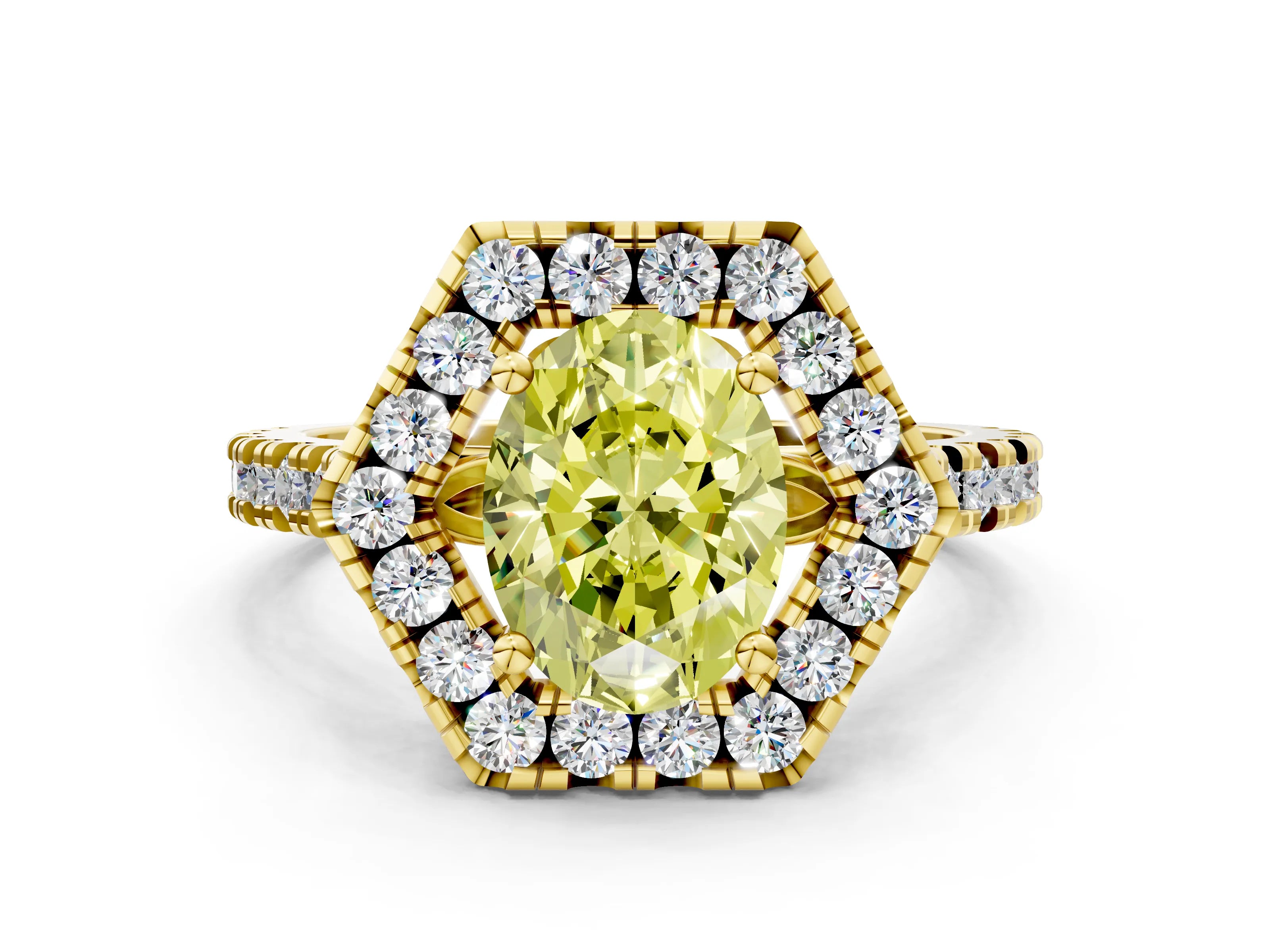 Yellow gold Hexagonal Halo Fancy Yellow Oval Cut Diamond Pavé Band with Four-Prong Setting