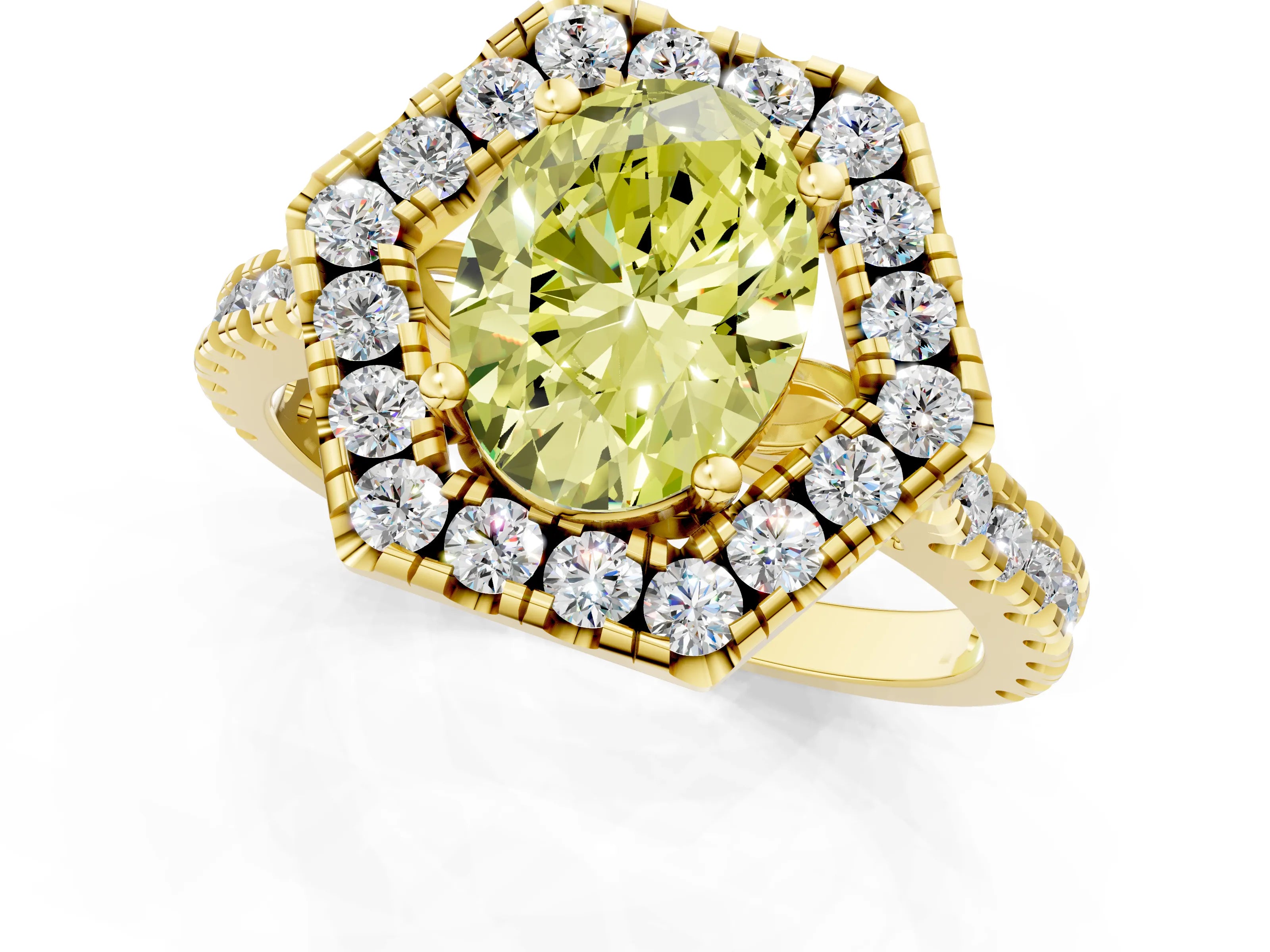 Yellow gold Hexagonal Halo Fancy Yellow Oval Cut Diamond Pavé Band with Four-Prong Setting_1