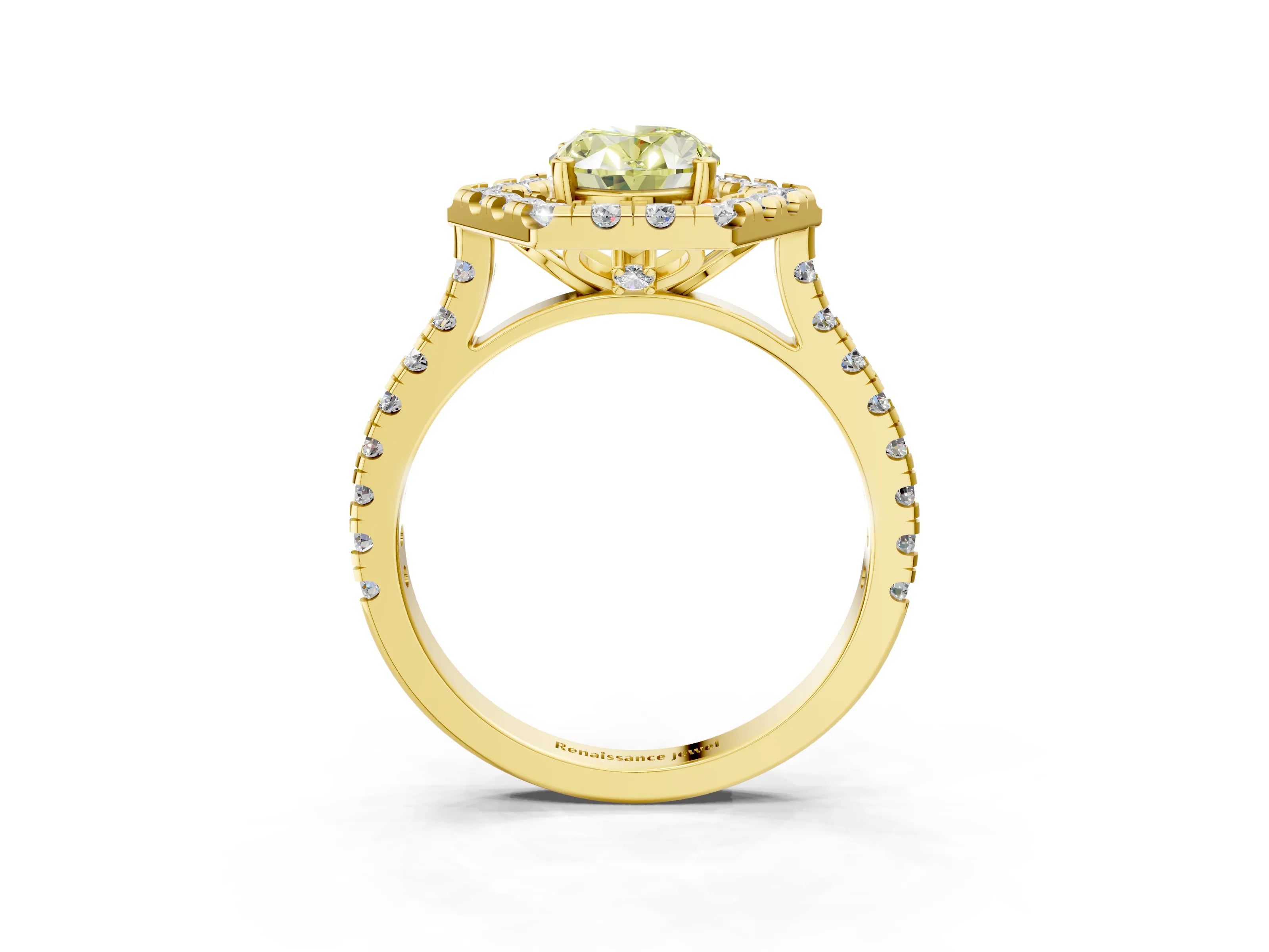 Yellow gold Hexagonal Halo Fancy Yellow Oval Cut Diamond Pavé Band with Four-Prong Setting_3